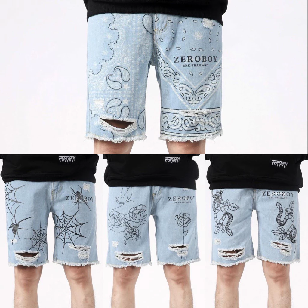 ZEROBOY - DENIM SHORTS กางเกงยีนส์ขาสั้นงานสกรีน ลายกุหลาบ ลายงู ลายแมงมุม ลายผ้าเช็ดหน้า