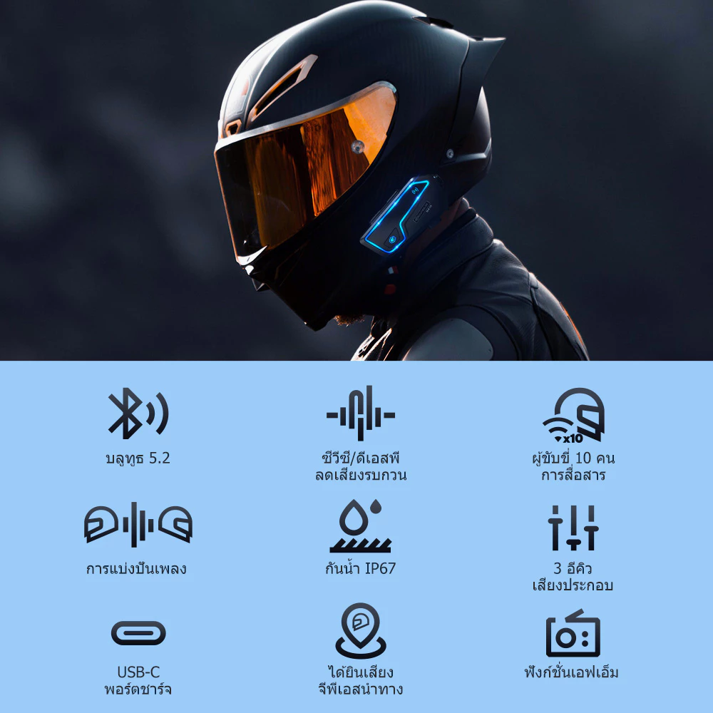 GEARELEC GX10 หมวกกันน็อคบลูทูธ อินเตอร์คอม บลูทูธ 5.1 กันน้ำ IP67 ลดเสียงรบกวนอัจฉริยะ CVC&DSP แบ่งปันเพลง เอฟเฟกต์เสียงอีคิว FM