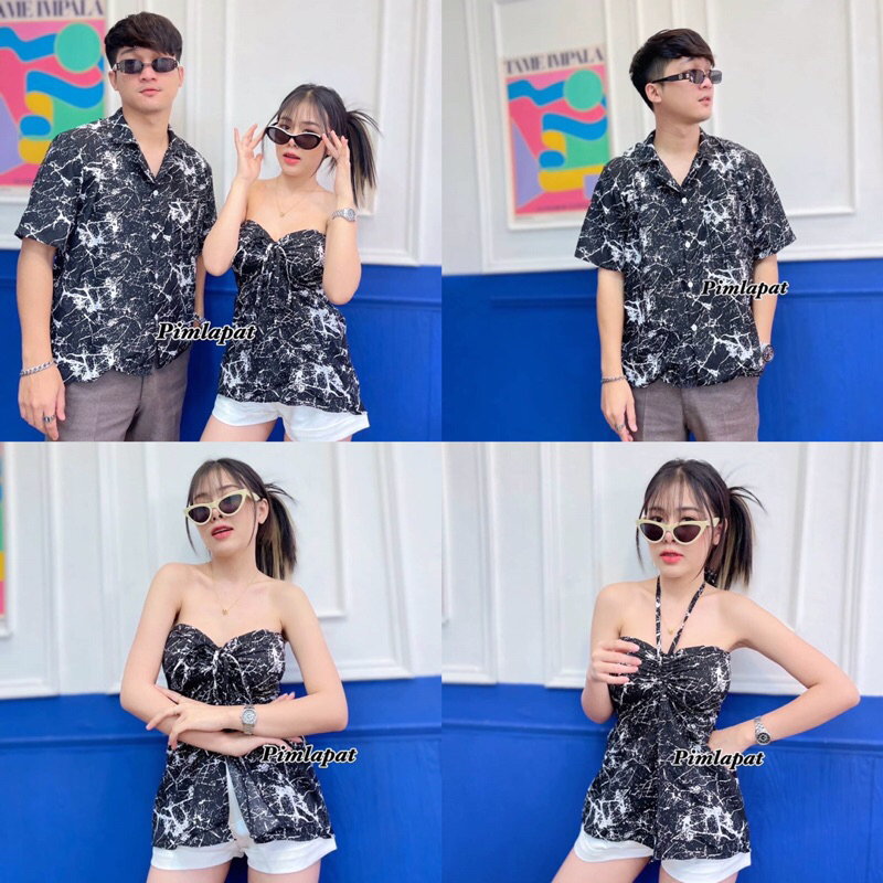 ชุดเซตเสื้อคู่-เสื้อเชิ้ตคอปกแขนสั้น-เกาะอกคล้องคอ