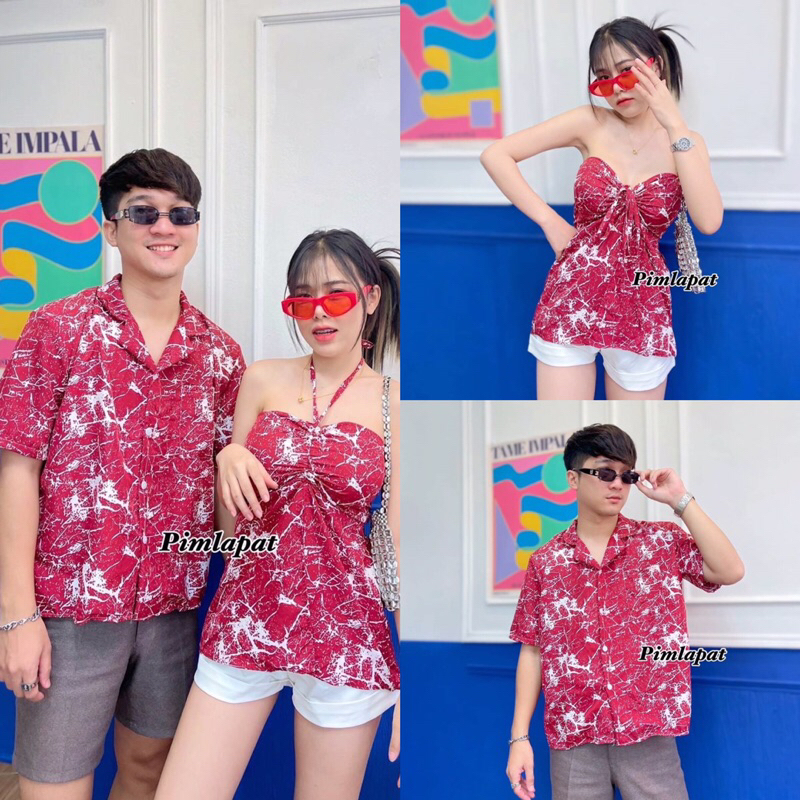 ชุดเซตเสื้อคู่-เสื้อเชิ้ตคอปกแขนสั้น-เกาะอกคล้องคอ