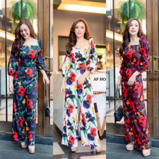 B12164 จั้มสูทคอกว้างขายาว พิมพ์ลายดอกไม้ wide leg jumpsuit floral print