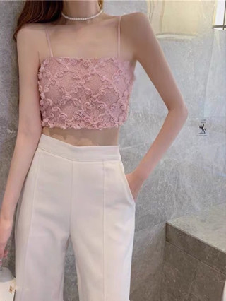 สายเดี่ยวกุหลาบ Rose เสื้อครอปสไตล์เกาหลี ดีเทลสวยสีละมุน ผ้ายืดฟรีไซส์มีฟองน้ำ