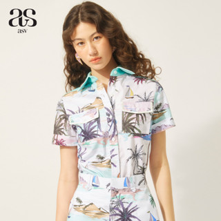 [asv rs23] Oceana Shirt เสื้อผู้หญิง แขนสั้น แต่งกระเป๋าหน้า แต่งตัดต่อผ้า แต่งแถบลูกไม้ด้านหลัง ผ้าลายมารีน่า