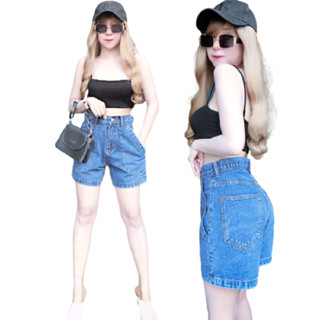Cc jeans 186 S-3XL กางเกงยีนส์ผู้หญิง ขาสั้น เอวสูง แต่งกระเป๋าหน้า สีเข้มกลางฟอก