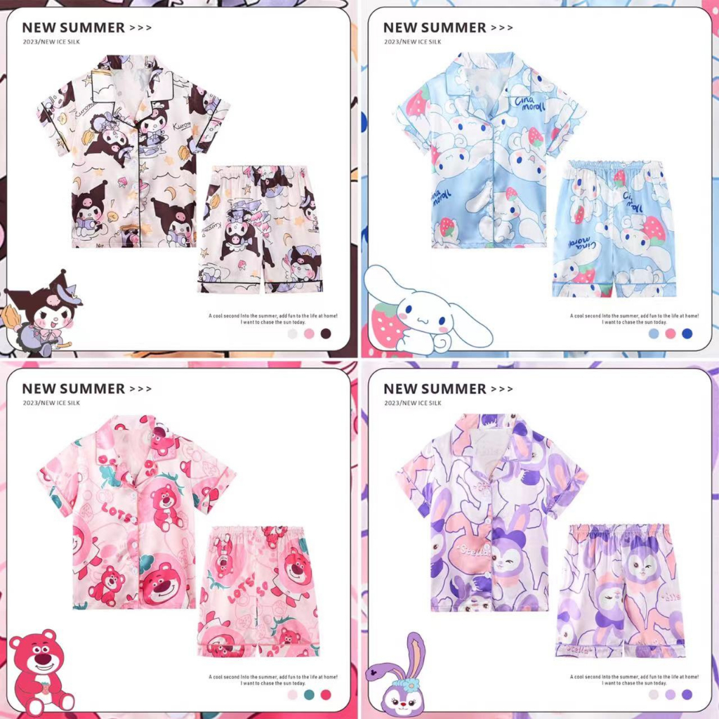 ชุดนอนผ้าซาติน ชุดนอนสําหรับเด็ก เสื้อผ้าสาวๆ ลายการ์ตูนน่ารัก ผ้าซาติน ...