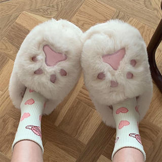 HILTY SHOES Cat Paw Plush รองเท้าแตะน่ารักอบอุ่นนุ่มสบายผู้หญิง Furry รองเท้าแตะสำหรับการเดินทางบ้าน