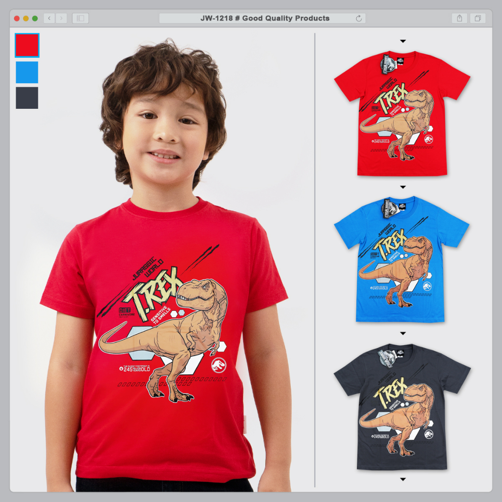 jw-1218-jurassic-t-shirt-เสื้อยืดคอกลมเด็กชาย-เสื้อไดโนเสาร์-ลายการ์ตูน-จูราสสิค-พิมพ์ฟอยด์สีทอง-ลิขสิทธิ์แท้