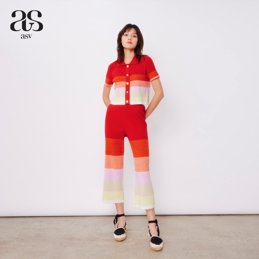 asv-ss23-colorful-stripe-knitted-pants-กางเกงผู้หญิง-ขายาว-ทรงขาบาน-ผ้านิตทอเนื้อร่อง