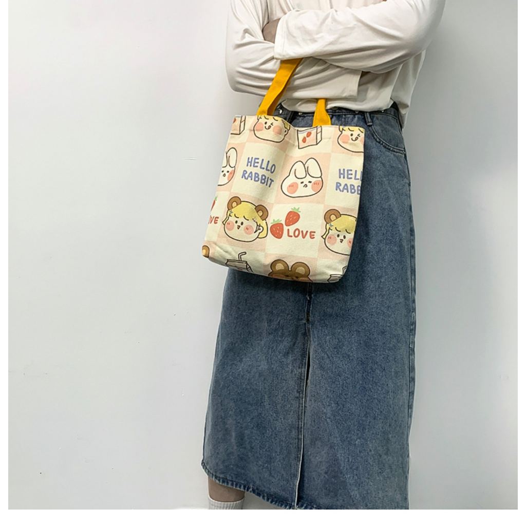 กระเป๋าถือ-กระเป๋าช้อปปิ้ง-ผ้าแคนวาส-สไตล์ญี่ปุ่น-พร้อมส่งในไทย