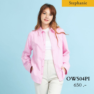GSP Stephanie เสื้อมีปก แขนยาว ลายทางสีขาวชมพู (OWS04PI)