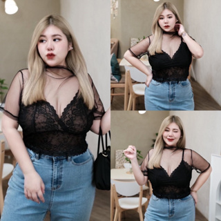 Lace Crop 🌷💄👩🏻‍🦰  ครอปลูกไม้ตัดต่อผ้ามุ้งซีทรูสาวอวบ