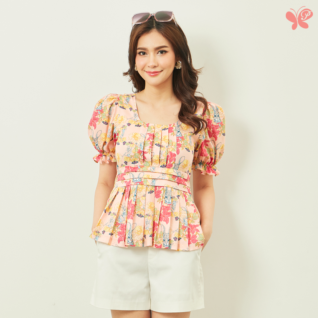 Woman Firework Top เสื้อแขนพอง จับจีบด้านหน้าและชายเสื้อ จากผ้าป่าน ...