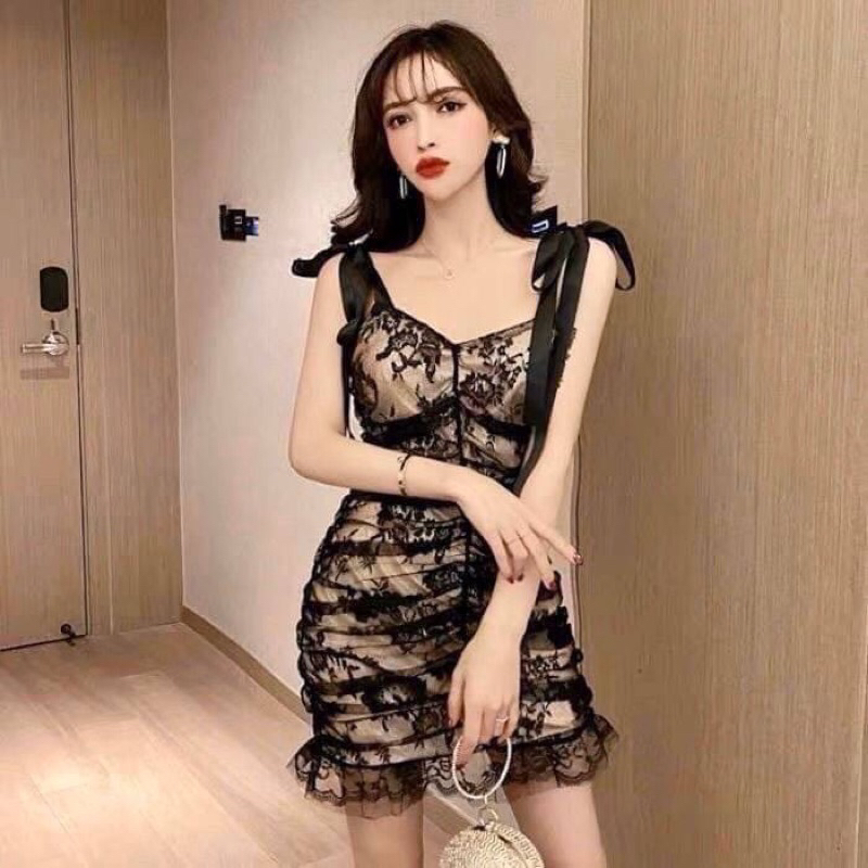 minidress-มินิเดรส-สายเดี่ยว-ลูกไม้-โบว์-ได้ลุคลูกคุณ