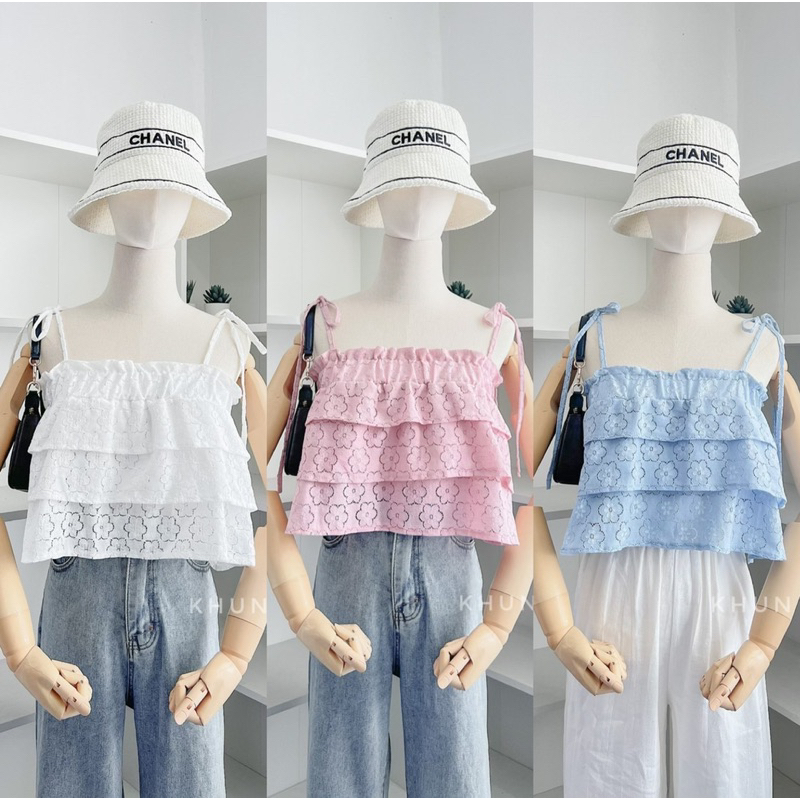 new-collection-เสื้อระบาย-3-ชั้น-ยางยืดตรงอก-รุ่นนี้จะใส่เป็นสายเดี่ยวผูกไหล่-หรือเกาะอกก็ได้น้าา-ผ้าฉลุดอกไม้