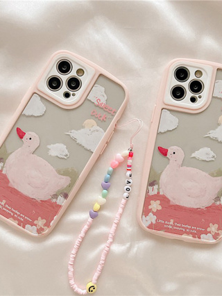 เคส สำหรับ ไอโฟน เคสซิลิโคน สินค้าพร้อมส่งจากไทย สำหรับ Iphone 13 12 11 Pro max เป็ดชมพู+สาย TPU-R1763