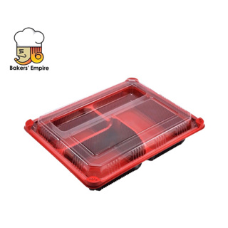 กล่องอาหารเบ็นโตะ 3 ช่อง สีดำแดง ล็อค4มุม+ฝา แพ็ค 200 ชิ้น กล่องอาหารเข้าไมโครเวฟได้