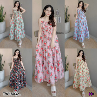 PE18032 Maxi Dress เดรส สายเดี่ยว ปรับสายได้ ใส่ยางสม็อคใต้อกและด้านหลัง ผ้าไหมเกาหลี ลายเชอรี่สวยหวาน น่ารักมากค่ะ