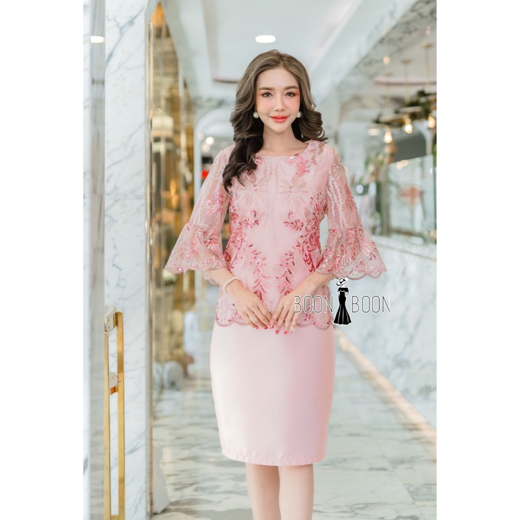 เดรสลูกไม้ลายดอก Premium M-4XL งานสวย ใส่ไปงาน คุณแม่เจ้าสาว ชุดออกงานหรู มุมมองที่ 3