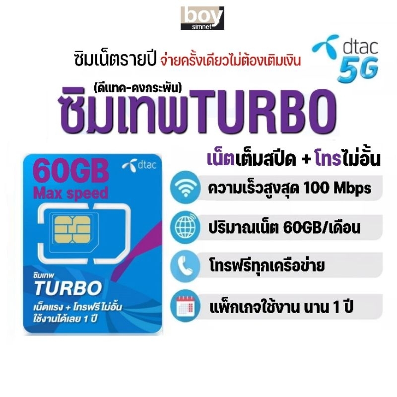 ภาพหน้าปกสินค้าซิมเทพ Dtac Turbo เน็ต Maxspeed 60GB/เดือน + โทรฟรีทุกเครือข่าย​ นาน​ 12 เดือน ดีแทคคงกระพัน ซิมเน็ตรายปี เลือกเบอร์ได้
