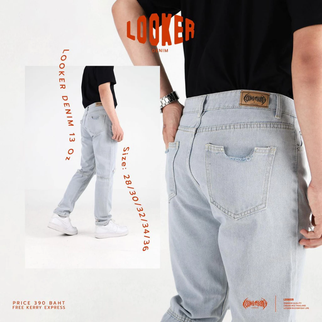 LOOKER - กางเกงยีนส์ขายาวสีฟอกแบบขาดเข่า https://wayoza.com