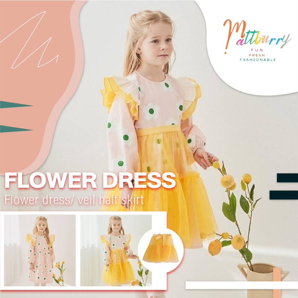 (mattburryพร้อมส่งจากไทย) girl's dress and yellow veil ชุดเดรสเด็ก ลาย ...