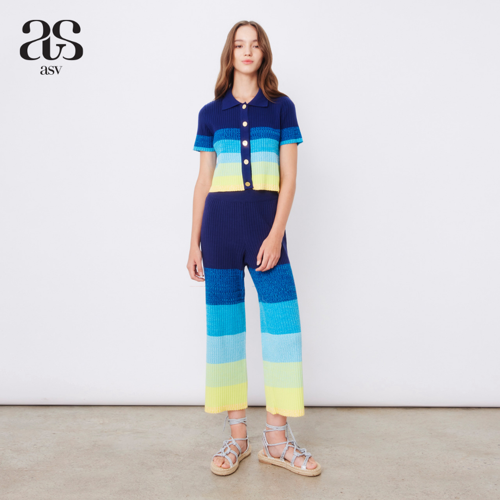 asv-ss23-colorful-stripe-knitted-pants-กางเกงผู้หญิง-ขายาว-ทรงขาบาน-ผ้านิตทอเนื้อร่อง
