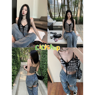 Cicishop(Y1538)สายเดี่ยวทอลายสลับ ดีเทลผูกโบว์หน้าอกน่ารักมากๆแฝงความแซ่บ ไปในตัวแบบกรุบๆ