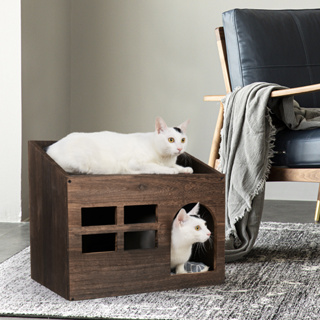 บ้านแมวไม้ขนาดใหญ่ลังโต๊ะข้างสัตว์เลี้ยงลูกสุนัขลูกแมวพร้อมเบาะนุ่ม Wooden Cat House with Cushion Pad
