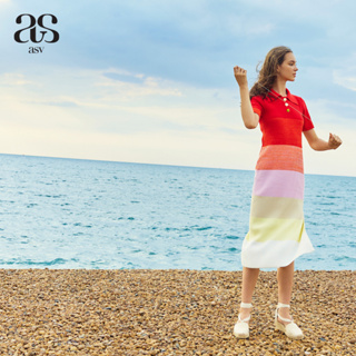 [asv ss23] Colorful Stripe Knitted Dress เดรสโปโล แขนสั้น แต่งคาดเข็มขัด