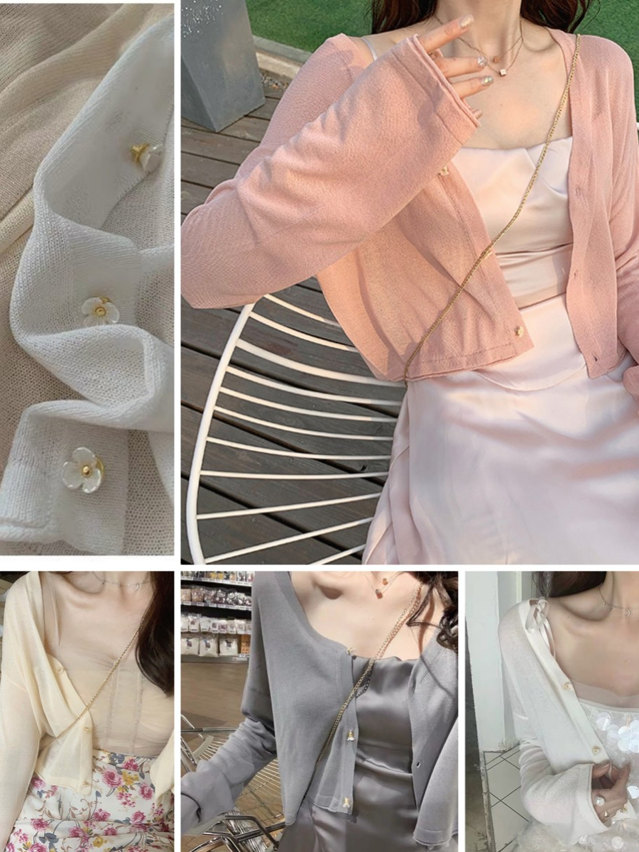 pbb2977-เสื้อไหมพรมคอวีแขนยาวผู้หญิงสีทึบ-ผ้าไหมน้ำแข็ง-เสื้อคาดิเเกนน่ารักแฟชั่นสไตล์เกาหลี-แต่งกระดุมด้วยดอกไม้เล็กๆ