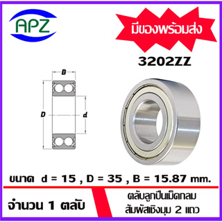 3202ZZ  ( DOUBLE ROW ANGULAR CONTACT BALL BEARING 3202Z ) ตลับลูกปืนสัมผัสเชิงมุม 2 แถว ฝาเหล็ก 2 ข้าง 3202 ZZ โดย APZ