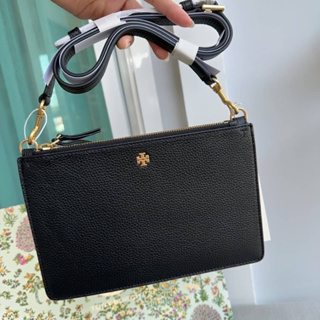 💚แท้💯 พร้อมส่ง💚87989 Tory Burch Black Blake Double-Zip Slim Leather Crossbody Bag