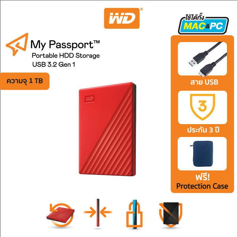 ภาพหน้าปกสินค้าWestern Digital HDD 1 TB External Harddisk ฮาร์ดดิสพกพา รุ่น My Passport ,RED ,1TB,USB 3.2 Gen 1