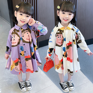 ชุดเดรสฮาวายเด็กหญิง ร้านไทยส่งไวค่ะ ลายการ์ตูน ชุดกระโปรงคอตุ๊กตา แขนยาว  ชุดเที่ยวทะเล ชุดฤดูร้อน