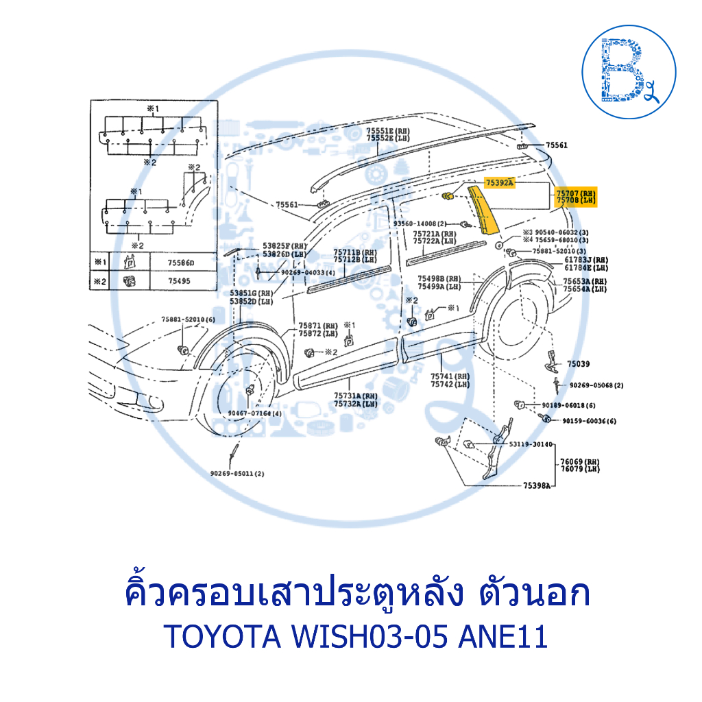 อะไหล่แท้-คิ้วครอบเสาประตูหลัง-คิ้วเสาเก๋ง-ตัวนอก-toyota-wish03-05-ane11