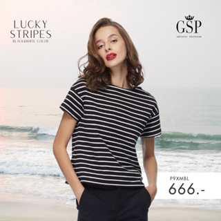 GSP เสื้อยืด เสื้อยืดผู้หญิง Lucky Stripes Blouse แขนสั้น ลายทางขาวดำ ผ้ายืด (P9XMBL)