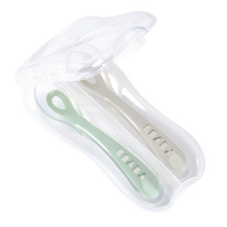 BEABA Set of 2 2nd Stage Silicone Spoons - Frosty Green / Velvet Grey/ (Storage Case Included)