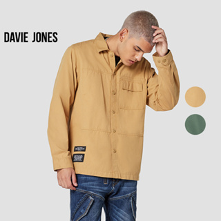 DAVIE JONES เสื้อเชิ้ต ผู้ชาย แขนยาว ทรง Relaxed Fit สีกากี สีเขียว Long Sleeve Shirt in khaki green SH0106KH GR