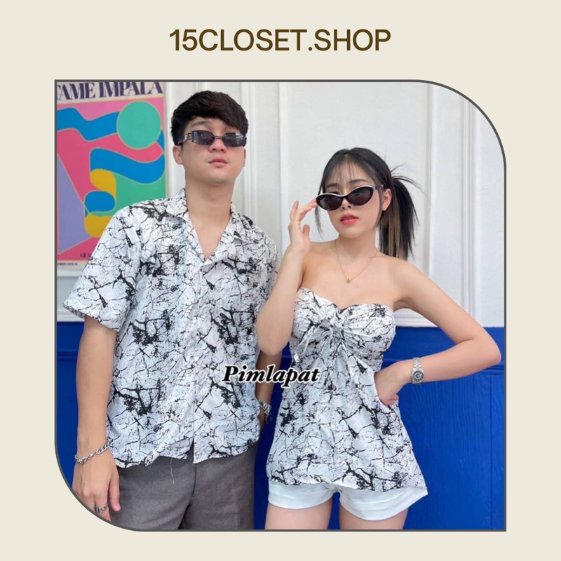 ชุดเซตเสื้อคู่-เสื้อเชิ้ตคอปกแขนสั้น-เกาะอกคล้องคอ