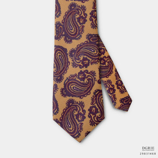 Burgundy Red Paisley on Mustard Yellow 3 Inch Necktie-เนคไทสีเหลืองมัสตาร์ดลายลูกน้ำสีแดง