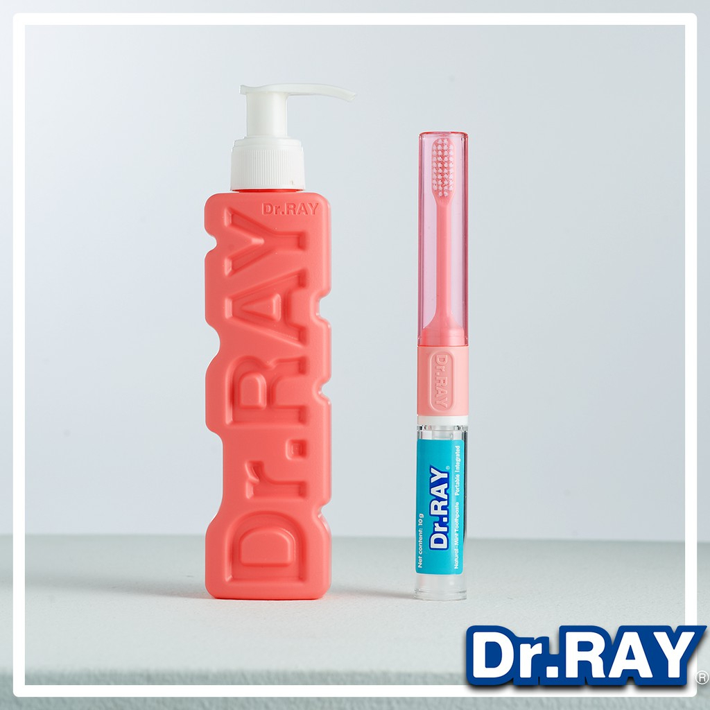 dr-ray-ยาสีฟันเด็ก150g-แพคคู่แปรงพกพา2in1-เนื้อเจล-ขวดปั๊ม-สูตรออร์แกนิคพีช-มิ้นต์-ลดกลิ่นปาก-ป้องกันฟันผุ-t6b