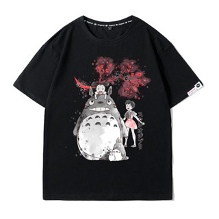 เพื่อนบ้านของฉัน Totoro เสื้อยืด Hayao Miyazaki ภาพยนตร์ผ้าฝ้ายหลวม Cherry Blossom แขนสั้น Ins Tide เสื้อยืดคู่