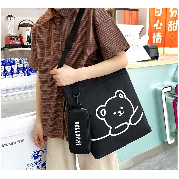 yxin-bear-กระเป๋าสะพายข้างใบใหญ่-กระเป๋าถือน่ารักๆ-กระเป๋าผ้ามินิมอล-tote-bag-ผ้าแคนวาส