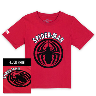 Marvel Boy Spider-Man Flock Print T-Shirt Cabonite - เสื้อเด็กโต มาร์เวลพิมพ์กำมะหยี่โลโก้ ลายสไปเดอร์แมน สินค้าลิขสิทธ์แท้100% characters studio