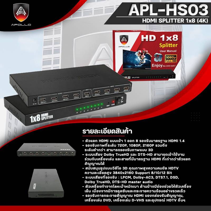 กล่องกระจายสัญญาณ-hdmi-splitter-hdmi-1-out-8-ยี่ห้อ-apollo