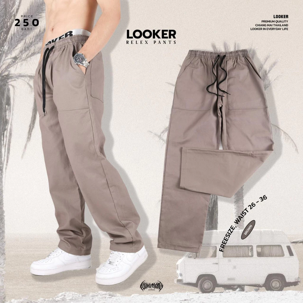 LOOKER - กางเกงขายาวเอวยางยืด สีดำ สีเขียวขี้ม้า สีครีมเหลือง สีครีมขาว สีเทาเข้ม สีขาว https://wayoza.com