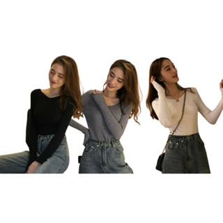 SHOP MKLKnitted V-neck เสื้อไหมพรมคอวี แขนยาว สีพื้น#9967