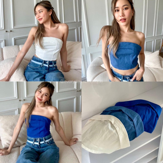 NEW!! Denim crop🤍💙🫐(330฿ฟรีส่ง) เสื้อยีนส์ครอปบรา เกาะอก ตัวเสื้อผ้ายืดได้ค่ะ เป็นผ้ายีนส์ผสม มียางยืดและซิปหลังค่ะ glam