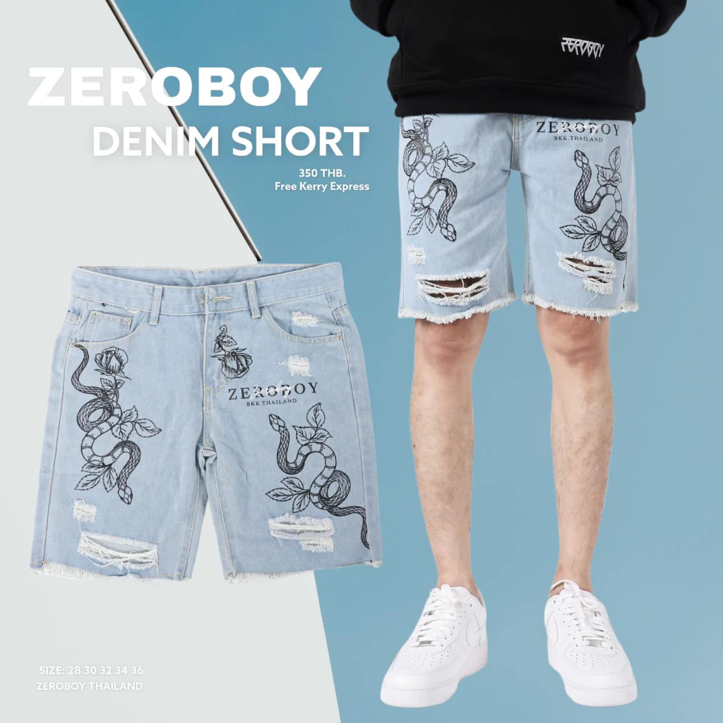 ZEROBOY - DENIM SHORTS กางเกงยีนส์ขาสั้นงานสกรีน ลายกุหลาบ ลายงู ลายแมงมุม ลายผ้าเช็ดหน้า https://wayoza.com