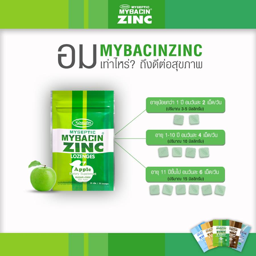 มายบาซินซิงค์-เม็ดอมผสมซิงค์-รสแอปเปิ้ล-myseptic-mybacin-zinc-apple-flavor-lozenge-มายบาซิน-ซิงค์